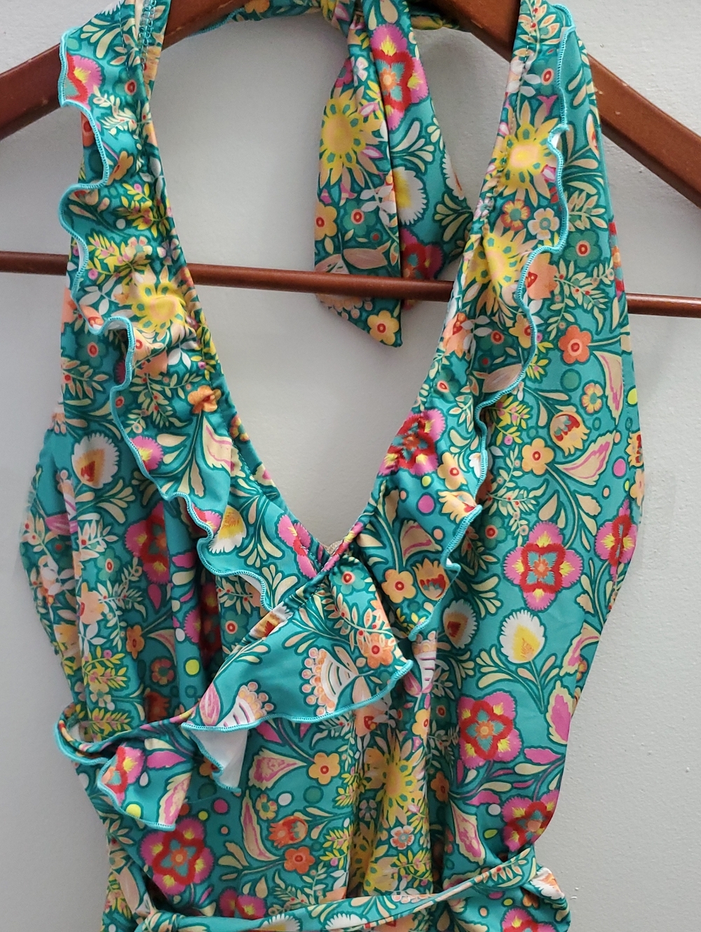 High Dive By Modcloth One Piece Ruffle Halter Bathing Suit Large Floral Print - Picture 3 of 11